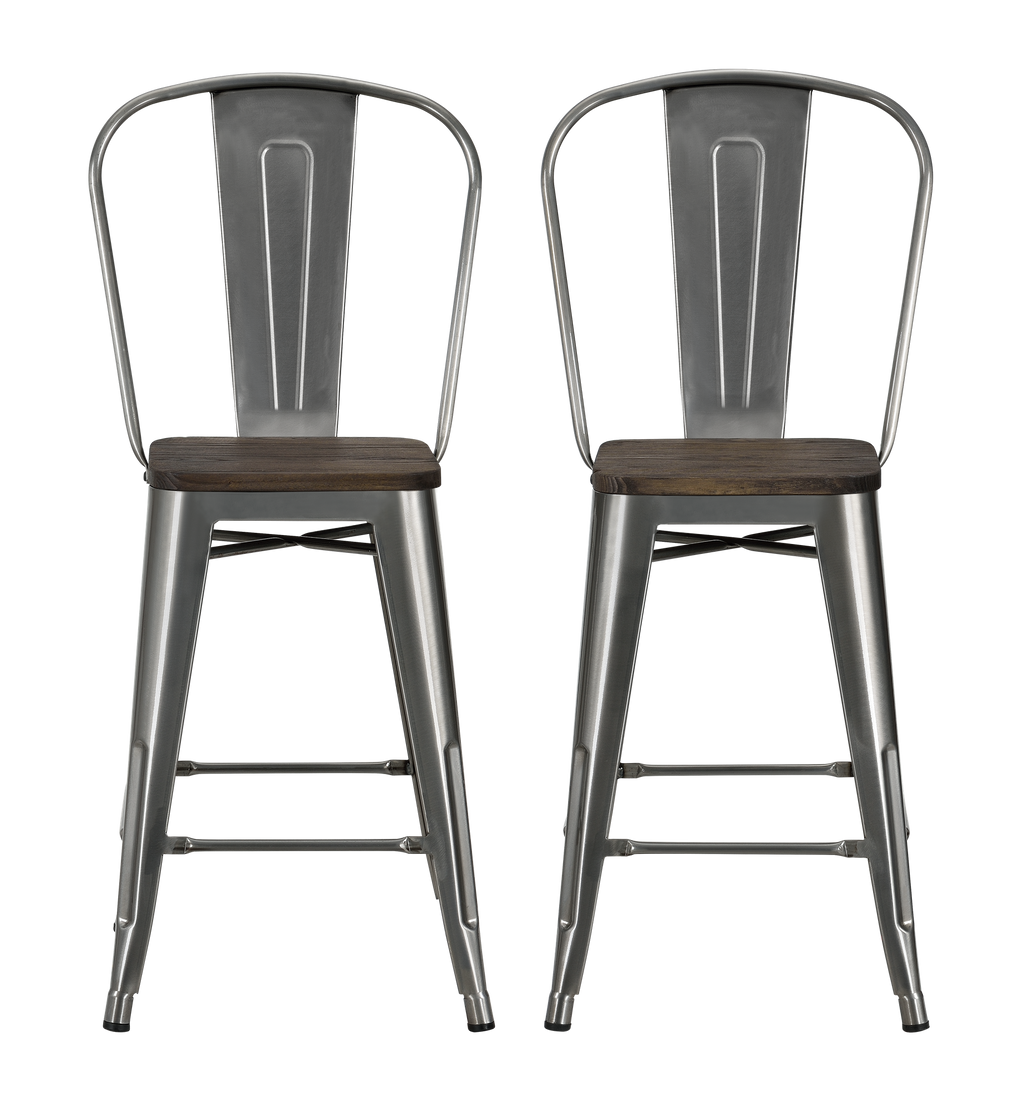 Luxor 24 Inch Metal Counter Height Bar Stool with Wood Seat, Set of 2