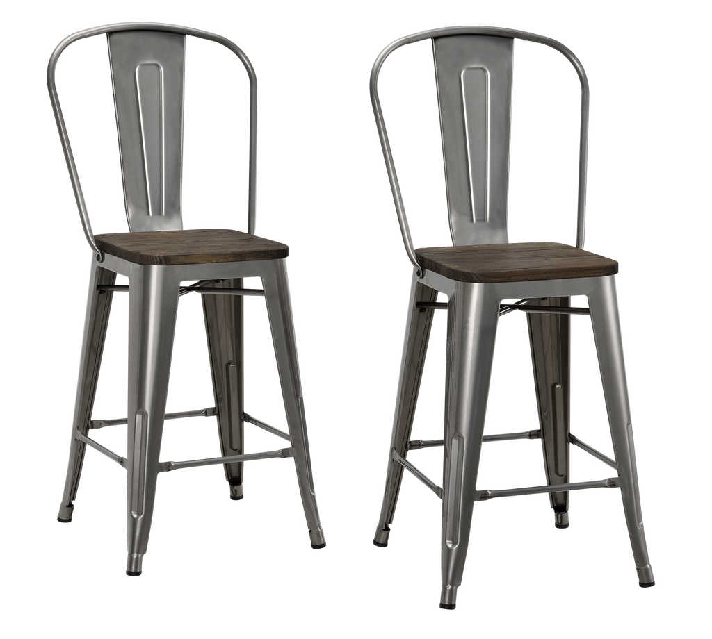 Luxor 24 Inch Metal Counter Height Bar Stool with Wood Seat, Set of 2
