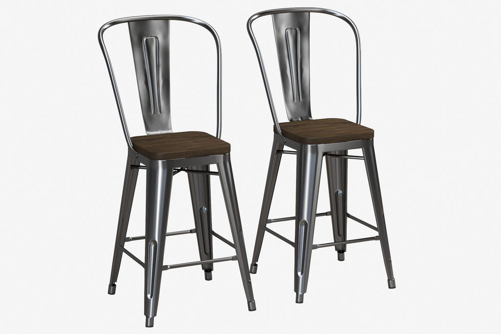Luxor 24 Inch Metal Counter Height Bar Stool with Wood Seat, Set of 2