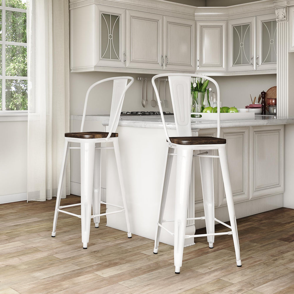 Luxor 24 Inch Metal Counter Height Bar Stool with Wood Seat, Set of 2