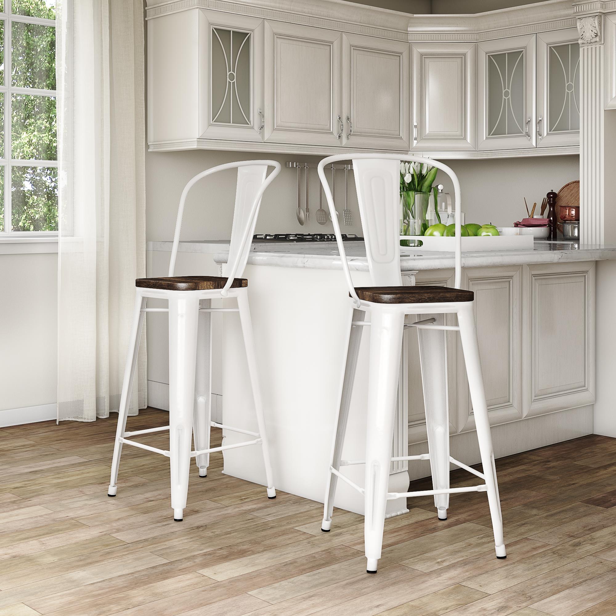 Luxor 24 Inch Metal Counter Height Bar Stool with Wood Seat, Set of 2