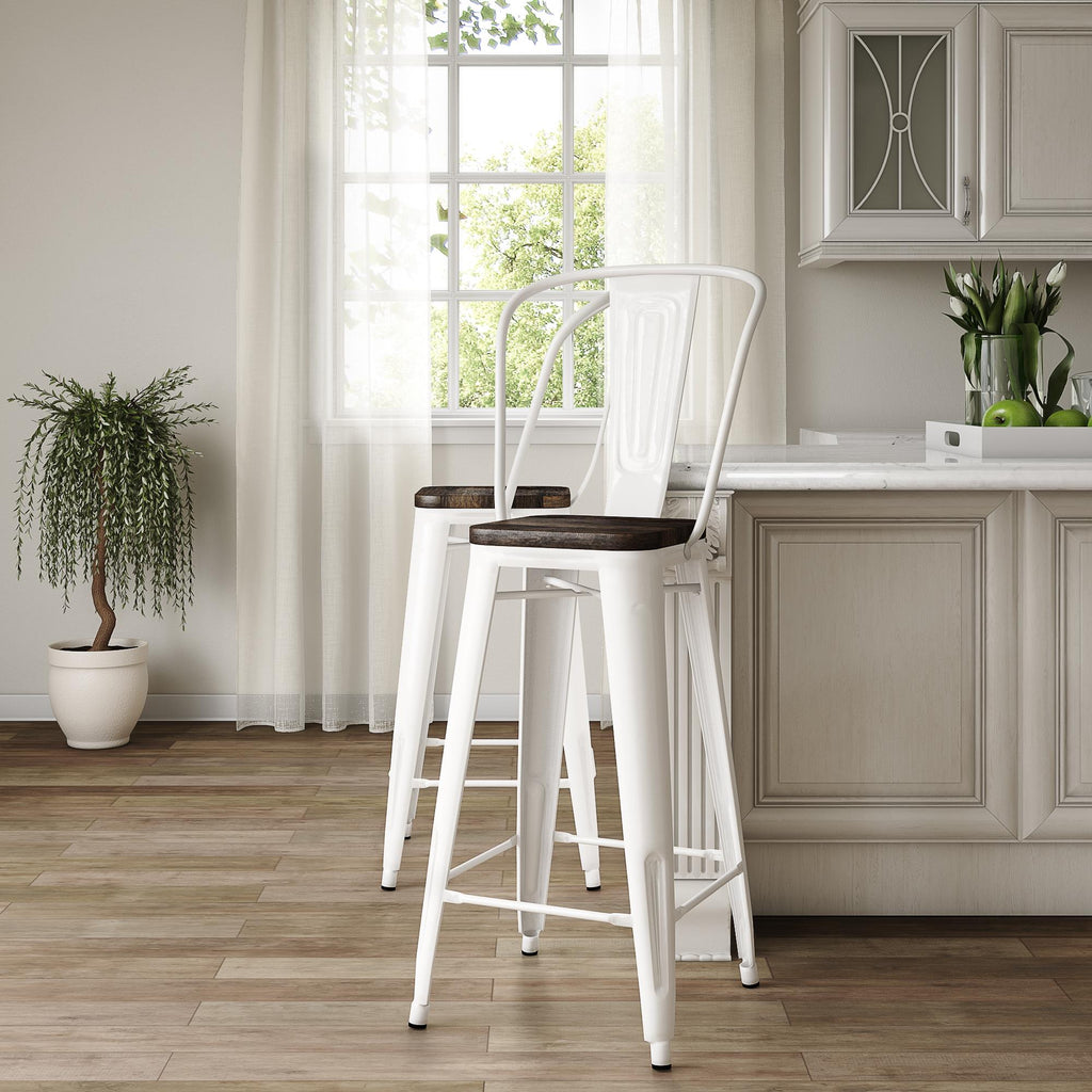 Luxor 24 Inch Metal Counter Height Bar Stool with Wood Seat, Set of 2