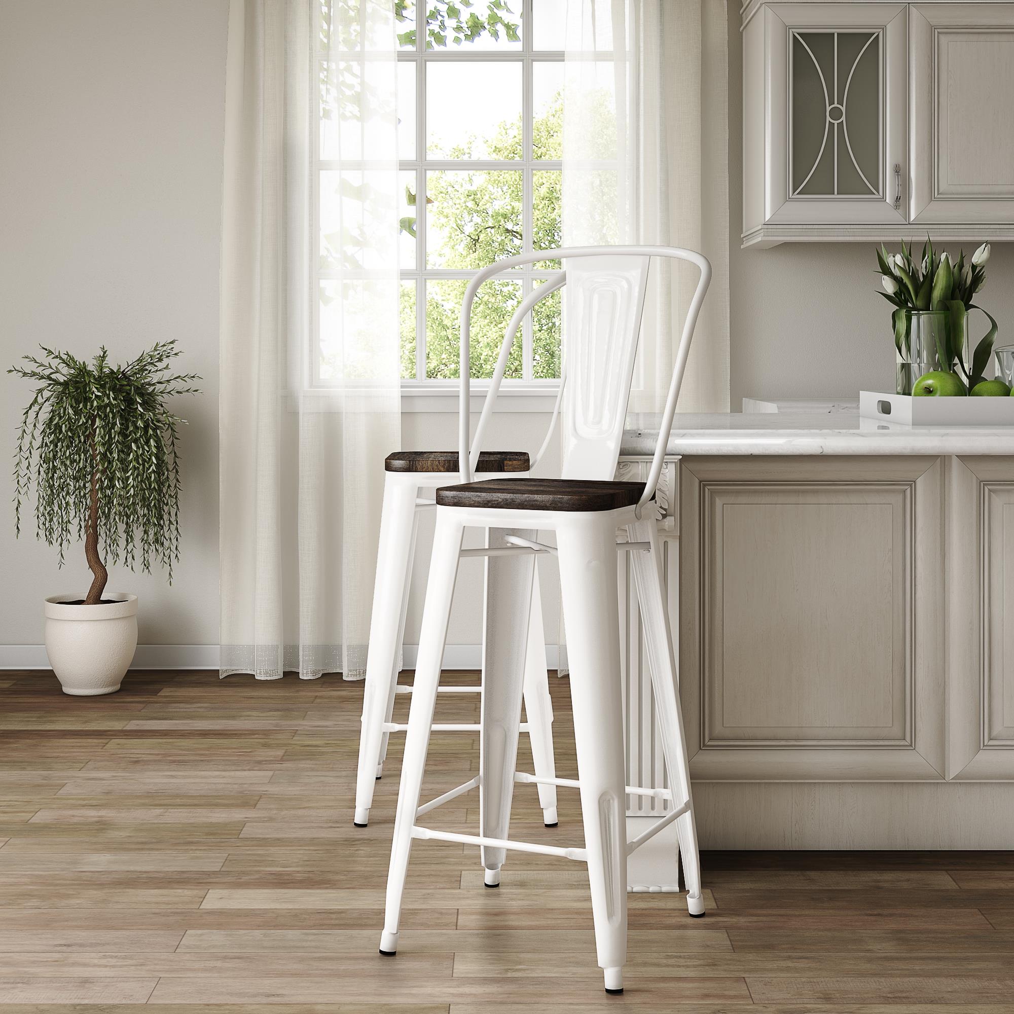 Luxor 24 Inch Metal Counter Height Bar Stool with Wood Seat, Set of 2